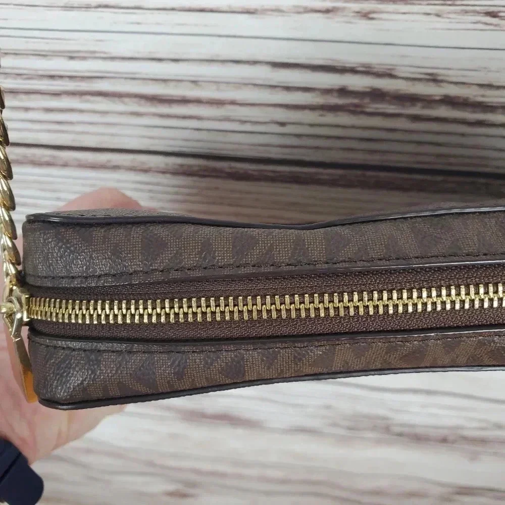 Michael Kors Jet Set East West Signature Brown/Red/Gold Perforated Crossbody Bag
